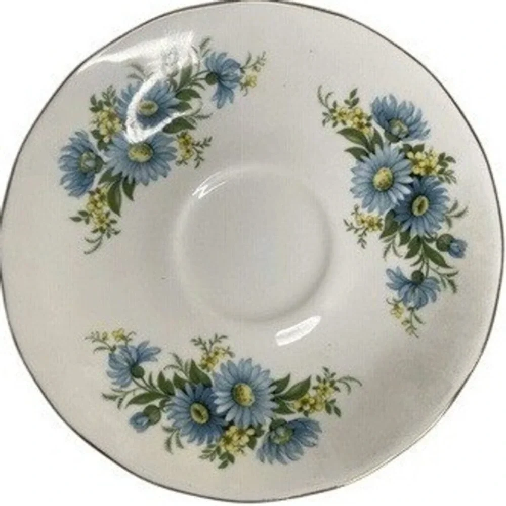 Queen Anne English Bone China Tea Cup Saucer Set Blue Daisy Pattern 8542 Vintage